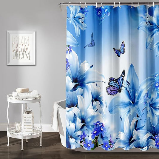 AILONEN Girls Butterfly Shower Curtain for Bathroom,Modern Botanical Floral Tulip Lily Flower Blue Butterfly Decor Bath Curtain 48" W*72" H Polyester Fabric Waterproof Bathroom Curtain with 12 Hooks