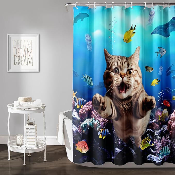 AILONEN 3D Swimming Cat Shower Curtain Set,Coral Bath Curtain for Kids Girls Boys,Sea Animals Ocean Theme Shower Curtain,Cat Lovers Animal Shower Curtains for Bathroom Decor, 36" W*72" H