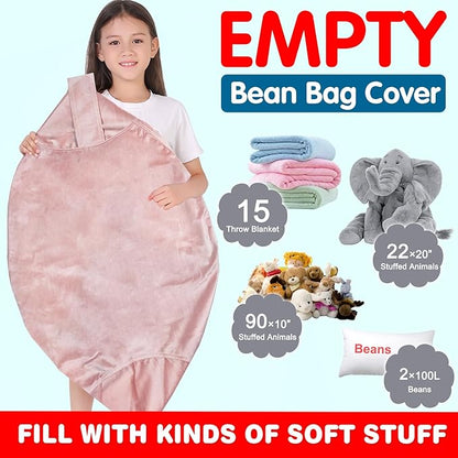 Lukeight Stuffed Animal Storage Bean Bag Chair Cover for Kids, Zipper Beanbag Chair Cover for Organizing Toddler and Kids' Rooms Plush Toys (Pink Velvet, X-Large)