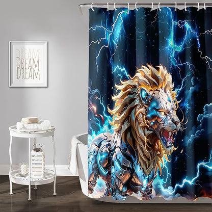 AILONEN Lion Shower Curtain,Evening Lightning Howling Lion Bath Curtain,Fierce Lion Bathroom Curtain Decor,Safari Animal Polyester Waterproof 36" W*72" H Shower Curtain Hooks