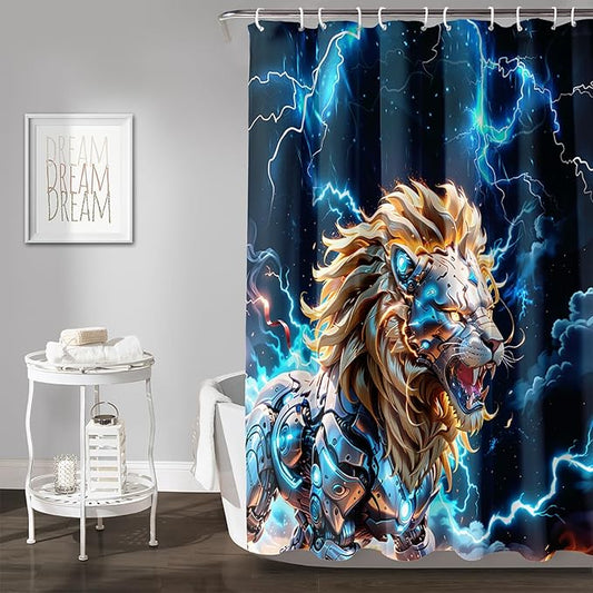 AILONEN Lion Shower Curtain,Evening Lightning Howling Lion Bath Curtain,Fierce Lion Bathroom Curtain Decor,Safari Animal Polyester Waterproof 36" W*72" H Shower Curtain Hooks