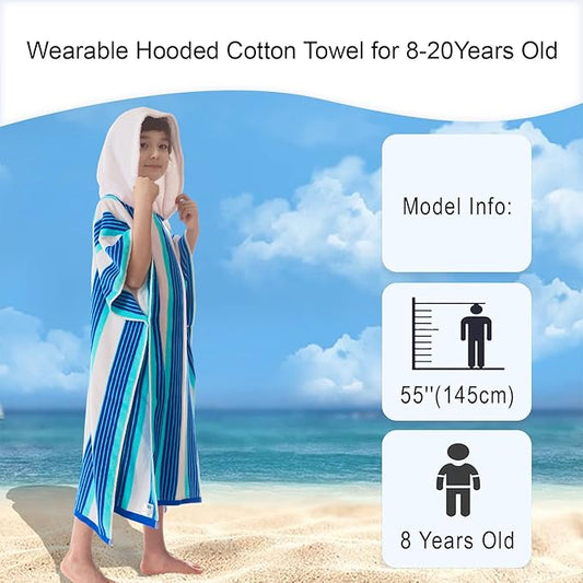 VOOVA & MOVAS Poncho Towels with Hood - Teens Hooded Pool Towel Robe (8-16Years), Large and Absorbent Cotton - Versatile for Beach, Pool, Swim, and Bath, Blue&White Stripe
