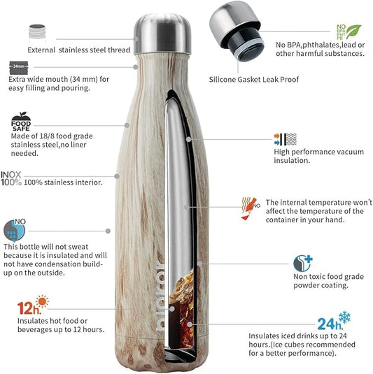 BJPKPK 17 oz Stainless Steel Insulated Water Bottle Cola Shape Big Water Bottles For Travel,Wood-Yellow Gray