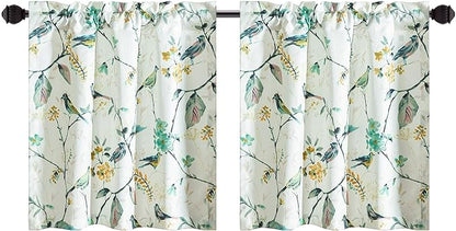 Leeva Kitchen Curtains 24 Inch Length Set, Green Bird Light Filtering Window Curtain Panels for Small Window Living Room Bathroom, 29 x 24 Inch, Rod Pocket
