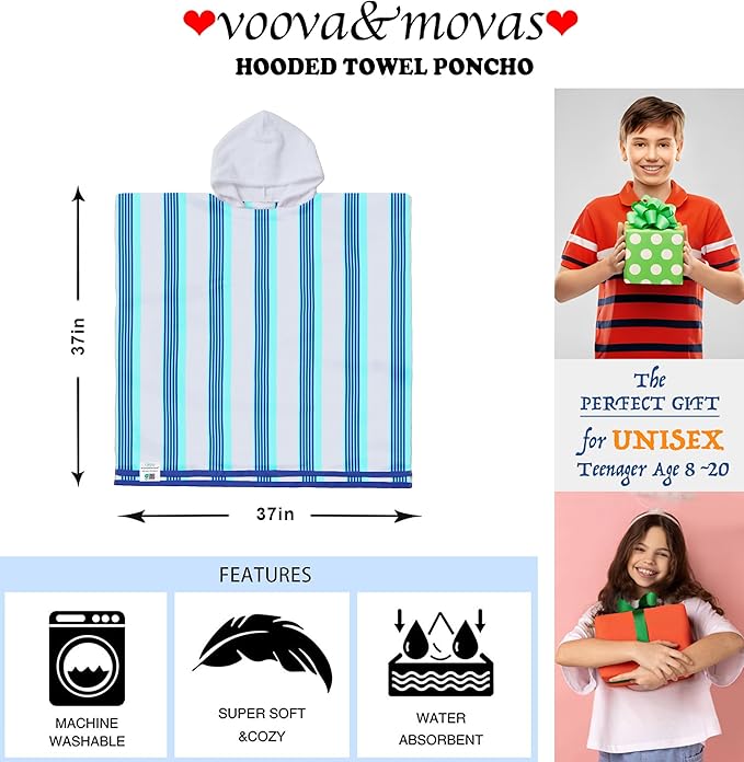 VOOVA & MOVAS Poncho Towels with Hood - Teens Hooded Pool Towel Robe (8-16Years), Large and Absorbent Cotton - Versatile for Beach, Pool, Swim, and Bath, Blue&White Stripe