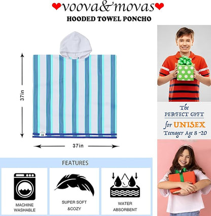 VOOVA & MOVAS Poncho Towels with Hood - Teens Hooded Pool Towel Robe (8-16Years), Large and Absorbent Cotton - Versatile for Beach, Pool, Swim, and Bath, Blue&White Stripe