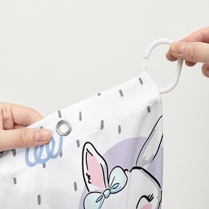 AILONEN Cute Rabbit Shower Curtain, Cartoon Kawaii Bunny Shower Curtain for Bathroom,Modern Minimalist White Waterproof Fabric Shower Curtain Set with Hooks 72" W*84" H