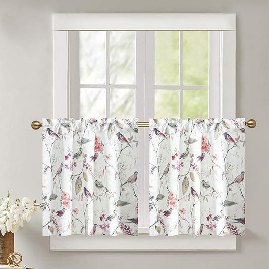 Leeva Farmhouse Linen Textured Kitchen Tiers, Vivid Purple Bird Print Short Window Curtains for Living Room Bathroom Cafe, Rod Pocket Home Decor Drapes, 2 Panels Pair, 29 x 30 Inches