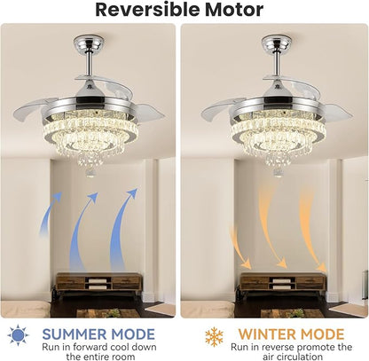 LEONTYNE 42" Modern Fandeliers Chandelier Ceiling Fan LED Dimmable Crystal Ceiling Fan with Light and Remote 6 Speed 3 Blades Retractable Fans for Bedroom Living Dining Room (APP & Timing)