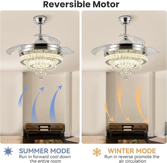 LEONTYNE 42" Modern Fandeliers Chandelier Ceiling Fan LED Dimmable Crystal Ceiling Fan with Light and Remote 6 Speed 3 Blades Retractable Fans for Bedroom Living Dining Room (APP & Timing)