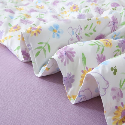Wajade Floral Comforter Set Bed in A Bag Queen Size 7 Piece Purple Flower Green Leaves Rabbits Bedding Set for Girls (1 Comforter, 1 Flat Sheet, 1 Fitted Sheet, 2 Pillowcase and 2 Pillow Sham)
