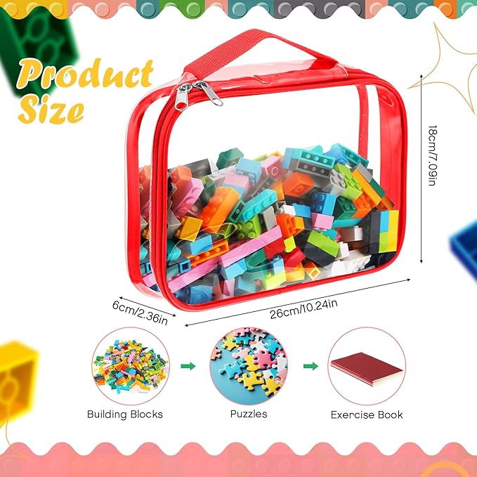 Sanwuta 3 Packs Toy Storage Bags with Zipper, Clear PVC Organizing Bags, Waterproof Toy Bags for Board Games, Building Blocks, Toys and Kids Books (Red, Blue, Orange,10.24 x 7.09 x 2.36 Inch)