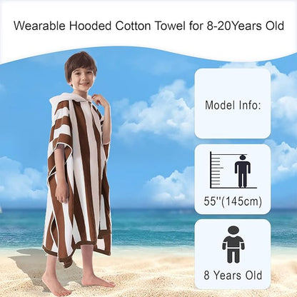 VOOVA & MOVAS Big Kids Poncho Towel with Hood - Teens Hooded Pool Towel Robe (8-16Years), Large and Absorbent Cotton - Versatile for Beach, Pool, Swim, and Bath, Brown Cabana Stripe