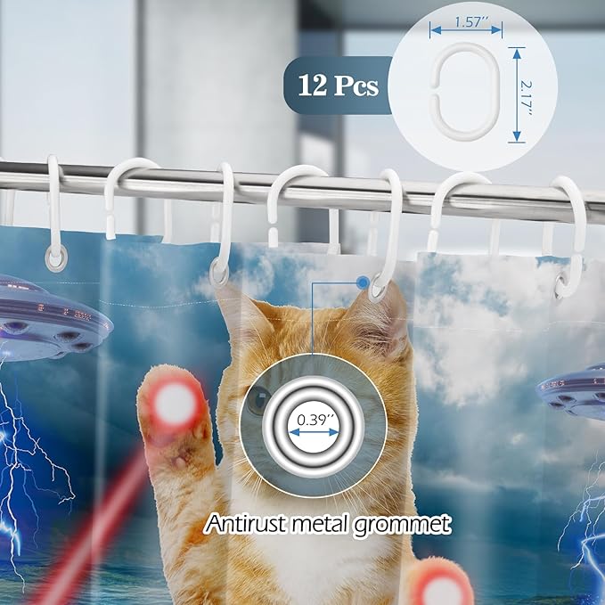 Aimego Long Funny Shower Curtain - Cute Cool Ocean Cat with Weird Adults Beach UFO Fun Fabric Cloth Bath Shower Curtain Set with 12 Hooks for Bathroom Decor Accessories Bathtub Curtain, 72"x78"