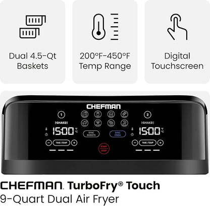 Chefman TurboFry Touch Dual 4.5QT Air Fryer Bundle With 100 5.5" Round Disposable Liners