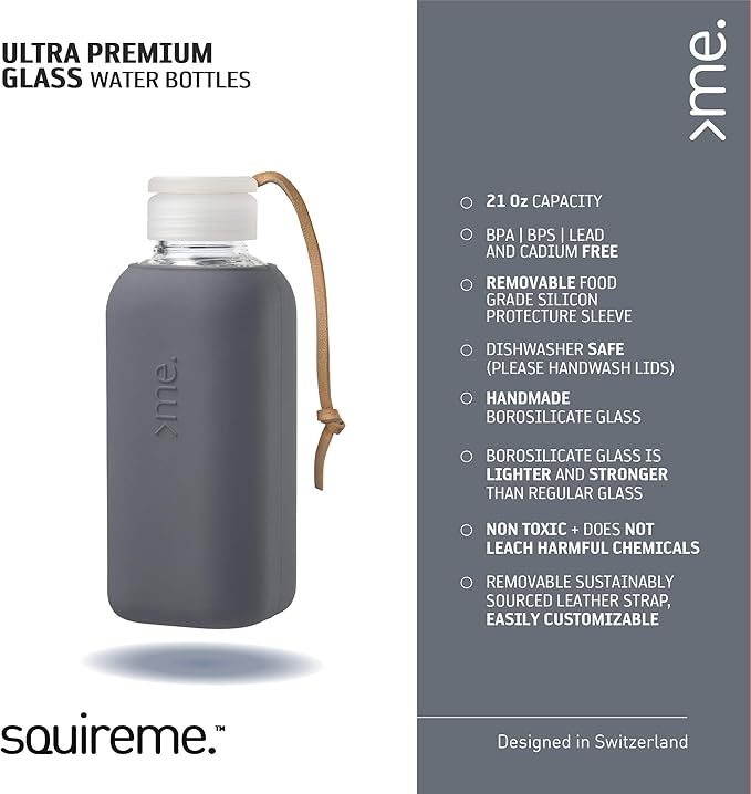 Y1 Borosilicate Glass Water Bottles, Clear Bottle, Reusable, BPA Free, Tumbler, Dishwasher Safe, Drink Container, Silicone Sleeve, EasyOff Lid, Hot and Cold Liquid, Anthra Charcoal Grey 20oz