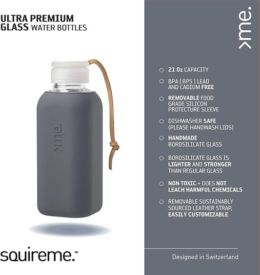 Y1 Borosilicate Glass Water Bottles, Clear Bottle, Reusable, BPA Free, Tumbler, Dishwasher Safe, Drink Container, Silicone Sleeve, EasyOff Lid, Hot and Cold Liquid, Anthra Charcoal Grey 20oz