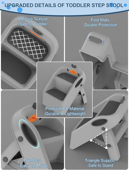 Toddler Kids Step Stool for Bathroom Sink Dark Grey | Foldable 2 Step Stool for Kids 1-4 Years Old | Dual Height 15.5" Child Kitchen Helper with Handles - Easy to Move, Slip-Resistant