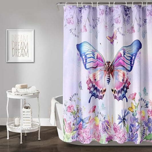 AILONEN Colorful Butterfly Shower Curtain for Girl Women,Purple Flower Beautiful Butterfly Printed Bath Curtain 48" W*72" H Polyester Fabric Waterproof Bathroom Bathtub Curtain with 12 Hooks