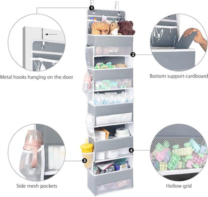Univivi Over Door Hanging Organizer Storage with 5 Large Pockets and 2 Small PVC Pockets for Cosmetics Wall Hanging Storage Organizer for Pantry Baby Nursery Bathroom Closet Dorm(Grey)