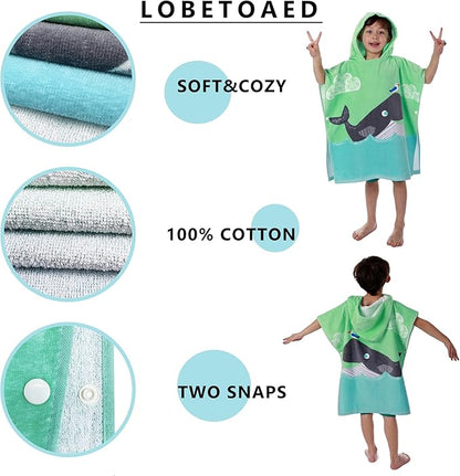 Kids Hooded Beach Bath Towel, Baby Surf Poncho Toddlers Soft Real Cotton Wrap Hooded Towels for Kids Boy Girl