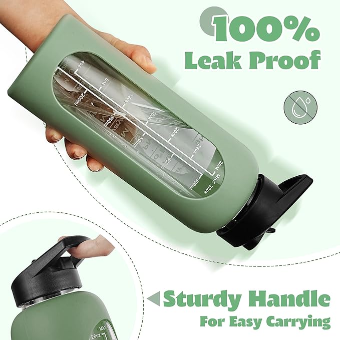 SIEROZUR 32 oz Glass Water Bottle with Straw and Handle Large Sports Motivational Water Bottle with Time Marker and 2 Lids, Leakproof Reusable Water Jug with Silicone Sleeve for Gym