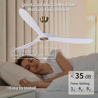 Bigzone 70" Large White Ceiling Fan With Remote Control, DC Motor Quiet Energy Saving,3 Black Balsa Wood Blades,Outdoor/Indoor Ceiling Fan With Reversible Blades