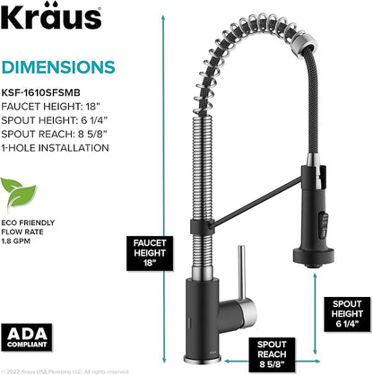KRAUS Bolden Touchless Sensor Commercial Style 2-Function Single Handle Pull-Down Kitchen Faucet in Spot-Free Stainless Steel / Matte Black, KSF-1610SFSMB