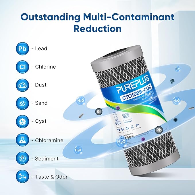 PUREPLUS 5 Micron 10" x 4.5" Whole House Lead Removal Water Filter, Enhanced Coconut Shell Activated Carbon Water Filter, Replacement Cartridge, CTO10BB-CQB, 3 PACK