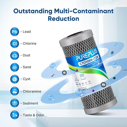 PUREPLUS 5 Micron 10" x 4.5" Whole House Lead Removal Water Filter, Enhanced Coconut Shell Activated Carbon Water Filter, Replacement Cartridge, CTO10BB-CQB, 3 PACK