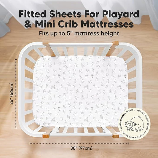 Pack and Play Sheets Fitted, 2-Pack Mini Crib Sheets - Pack N Play Sheets, Organic Fitted Crib Sheet for Pack and Play Mattress, Playard Baby Crib Sheets,Crib Sheets Neutral for Boys,Girls (ABC Land)