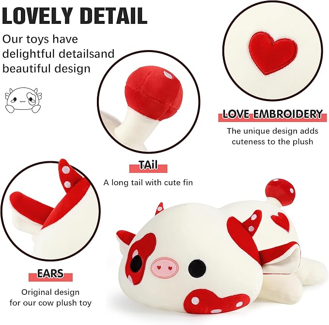 Onsoyours Cute Cow Plushie, Soft Stuffed Mushroom Cow Squishy Plush Animal Toy Pillow for Kids (Red Mushroom Cow, 9")