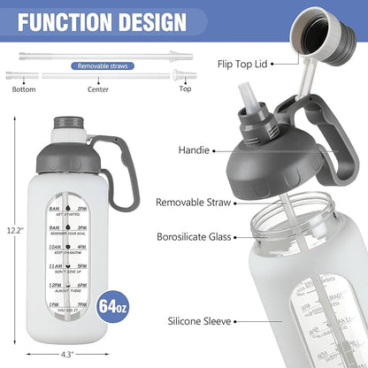 MUKOKO 64oz Glass Water Bottles with Straw, Half Gallon Water Bottle with Time Marker, Motivational Water Bottle with Silicone Sleeves,Large Glass Water Bottle for Gym,Working,Outdoor,White