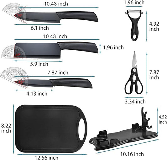 Magicorange 7-Piece Kitchen Knife Set - 5 Black Stainless Steel Knives with Sheaths, Cutting Board, and a Knife Block- Stainless Steel Kitchen Knives with PP Ergonomic Handle (Black)