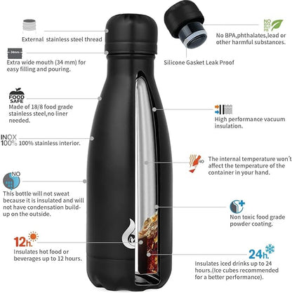 BJPKPK 12oz Insulated Water Bottle Stainless Steel Water Bottles Keep Cold And Hot,Black