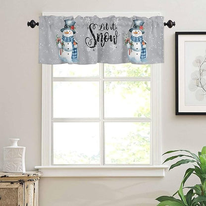 Snowman Christmas Valance Curtains for Kitchen Windows Let It Snow Winter Holiday Rod Pocket Window Treatment Toppers for Kitchen/Living Room/Bedroom/Bathroom, 60" X 18", Grey White
