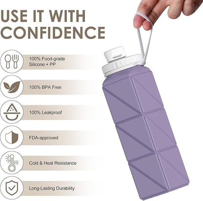 INNERNEED Collapsible Water Bottle, Reuseable BPA Free Silicone Foldable Water Bottles for Travel Gym Camping Hiking, 20.6 fl.oz, Portable, Food-Grade, Leak Proof (1 Pack, Purple)