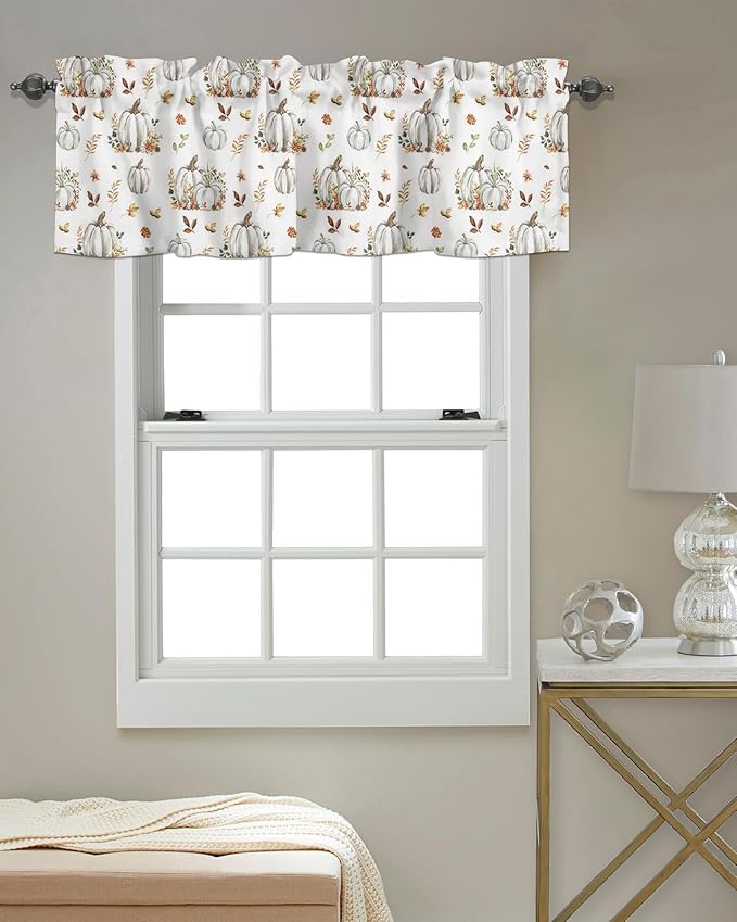 Vandarllin Fall Floral Leaves Kitchen Curtains Valances for Windows Thanksgiving Pumpkins Rod Pocket Window Treatment for Kitchen/Living Room/Bedroom/Bathroom,42" X 12" -1 Panel, Boho