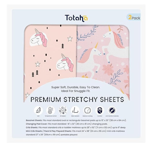 TotAha Premium Stretchy Unicorn Crib Sheets (2-Pack)-Hypoallergenic, Silky Comfort, Buttery Soft, Calming Effect, All-Season Jersey-Knit Sheets, 9'' Extra Deep Pocket