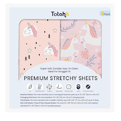 TotAha Premium Soft Unicorn Pack n Play Sheets, Super Stretchy Jersey Knit Mini Crib Sheets Fitted, Silky Comfort Graco Pack and Play Mattress Sheets, 2 Pack