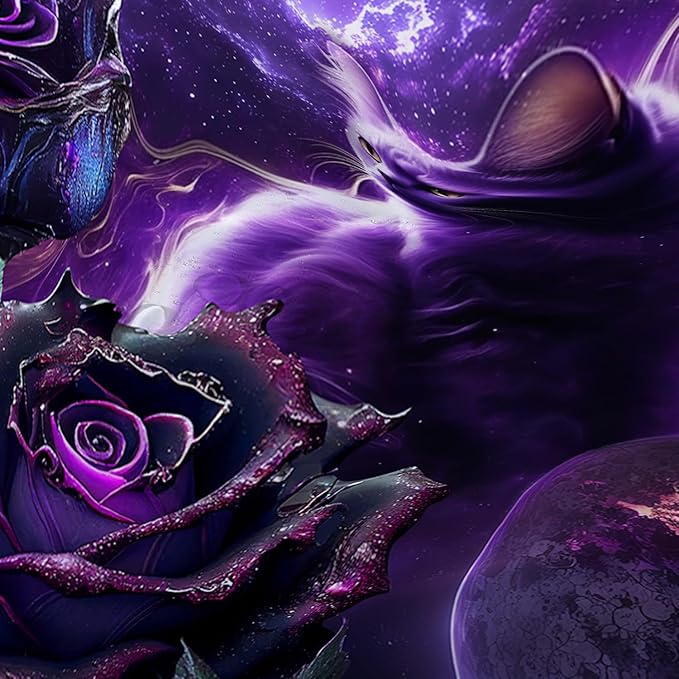 AILONEN 3D Cat Shower Curtain Set, Oil Purple Rose with Black Cat Cloth Bath Curtain for Kids Boys Girls,Boho Starry Night Shower Curtain for Bathroom,72" W*78" H