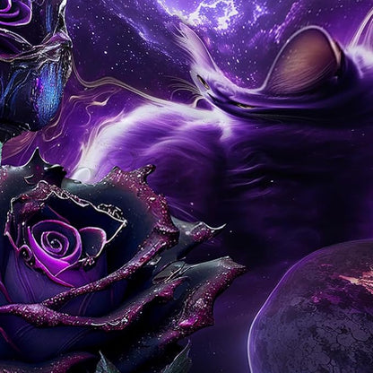 AILONEN 3D Cat Shower Curtain Set, Oil Purple Rose with Black Cat Cloth Bath Curtain for Kids Boys Girls,Boho Starry Night Shower Curtain for Bathroom,72" W*78" H