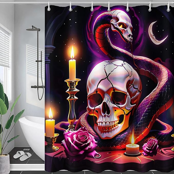 AILONEN Gothic Skull Shower Curtain for Bathroom,Terror Snake Skull Bath Curtain Decoration,Starry Skull Skeleton Print Waterproof Purple Curtain with 12 Plastic Hooks, 72" W*72" H