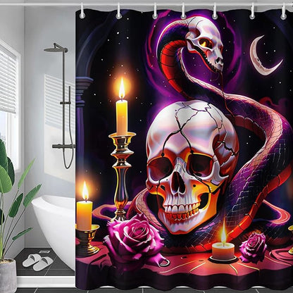 AILONEN Gothic Skull Shower Curtain for Bathroom,Terror Snake Skull Bath Curtain Decoration,Starry Skull Skeleton Print Waterproof Purple Curtain with 12 Plastic Hooks, 72" W*72" H