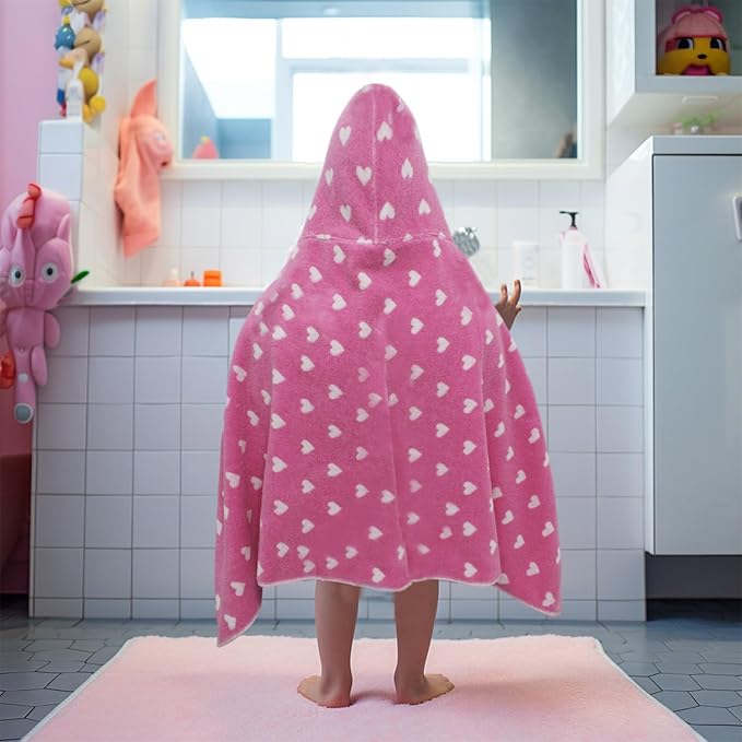 Hooded Bath Towel Wrap - 100% Cotton Jacquard Reversible Large Hooded Hearts Kids Towel - Toddler Shower Pool Beach Towel - Soft Plush Absorbent Quick Dry Easy Care Gift - 26 x 50 - Pink