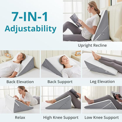 Sasttie Wedge Pillow for Sleep Apnea, 10 Inch Adjustable Bed Wedge Pillow for Back Pain, Acid Reflux, Memory Foam Triangle Pillow Wedge for Sleeping, Post Surgery, Knee Elevate, White & Dark Grey