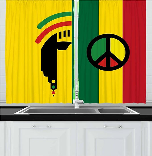 Ambesonne Rasta Kitchen Curtains, Iconic Barret Reggae and Jamaican Music Culture with Peace and Borders, Window Drapes 2 Panel Set for Kitchen Cafe Decor, 55" x 36", Green Red