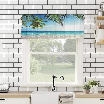 Kitchen Curtains and Valances Set,Palms Tree Ocean Tropical Sea Window Treatments Tiers Beach Theme Semi Sheer Half/Short Curtains for Small Windows Cafe /Living Room/ Bedroom 54x24 in, 3-Piece