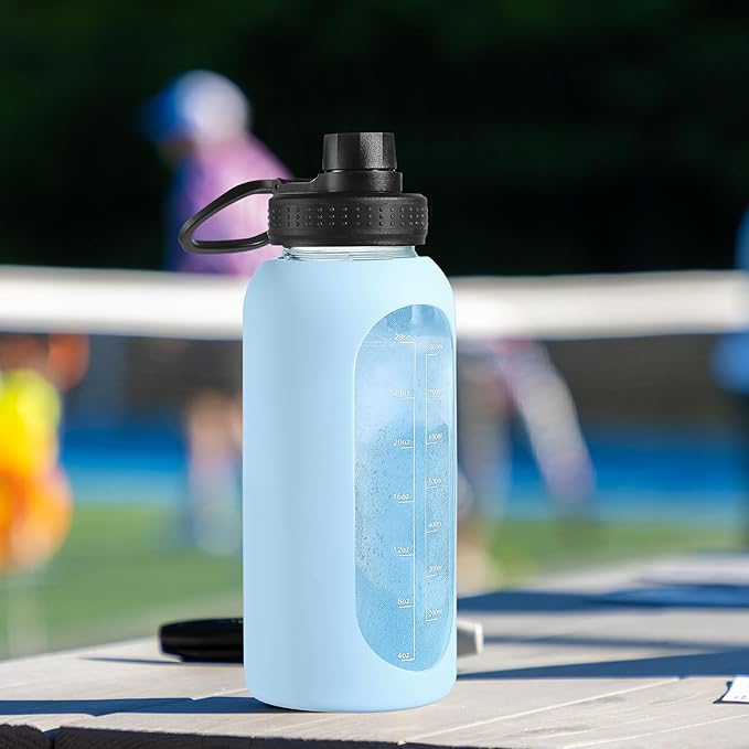64 oz Glass Water Bottle With Straw and Handle, Half Gallon Sports Motivational Water Jug Flask with Silicone Sleeve, Large Water Cup with Time Marker for Travel, Gym, Sky Blue