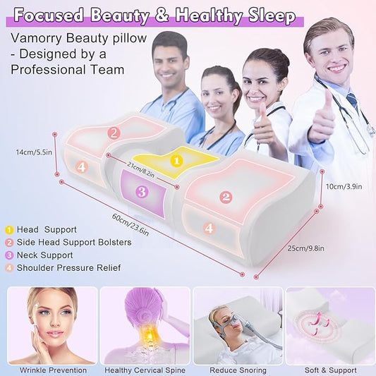 Anti Wrinkle Ergonomic Back Sleep Training Pillow: Cervical Memory Foam Anti Aging Beauty Pillow for Neck Pain Relief - Contoured Neck & Shoulder Support Flawless Face Pillow with Cooling Pllowcase